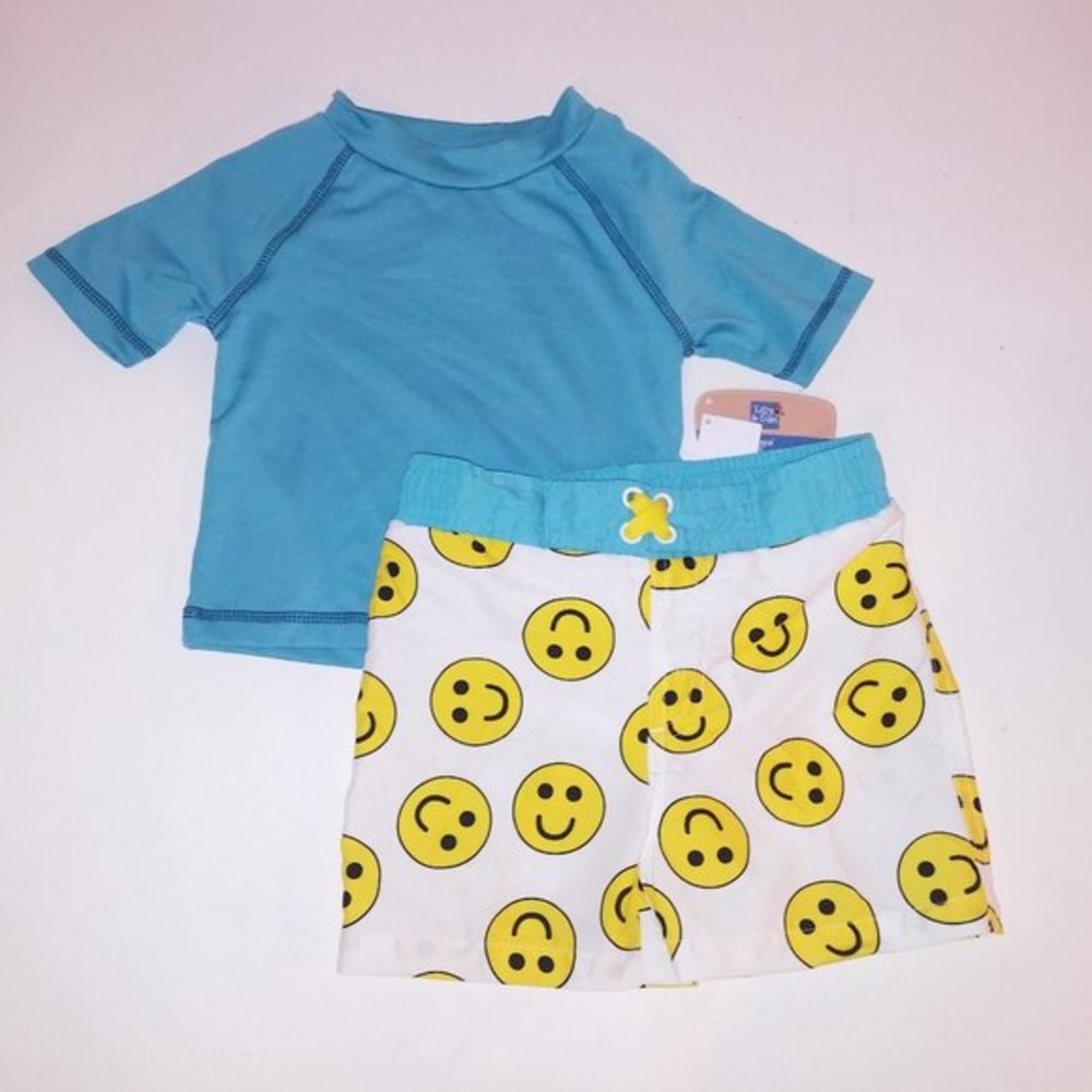 Lily & Dan Boys 2 Piece Swim‎ Set Blue Yellow White Smiley Faces Rash Guard Swim